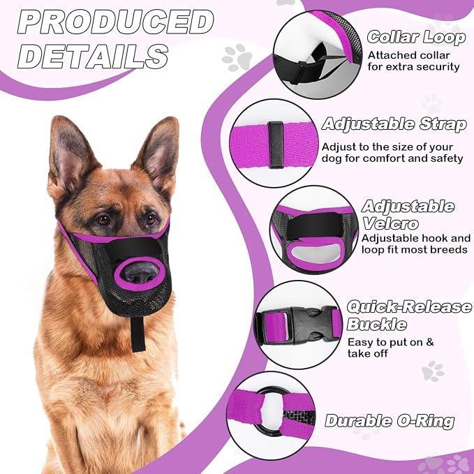 Dog Muzzle, Soft Air Mesh Muzzles for Small Sized Dogs, Breathable Dog Mussels for Scavenging Biting Licking & Barking,Adjustable Mouth Guard with Front Opening, Allows Panting and Drinking (Purple,M)