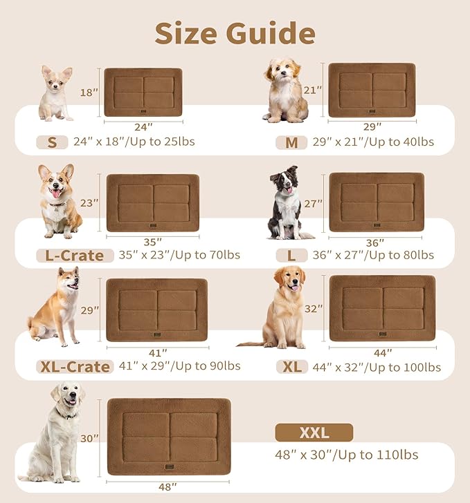 MADE 4 PETS Dog Crate Pad Bed for Large Dogs, Washable & Reversible, Anti-Slip Kennel Mat for Cozy Sleeping, Soft Fluffy Dog Bed for Indoor & Outdoor Use, 44"x32", Brown