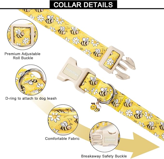 Lionet Paws Spring Dog Collar- Cute Bees Yellow Dogs Collar with Plastic Buckle and Bee Pendant,Dog Collar for Medium Dogs