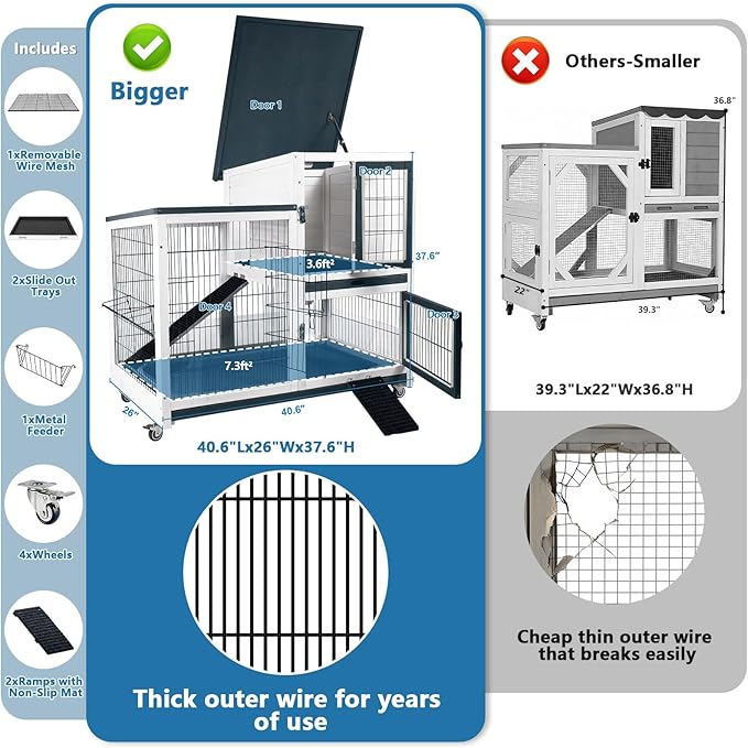 FunXplore 2-Story Rabbit Hutch Bunny cage Indoor Outdoor with Lower Urine Guards, Chew-Proof Ramp, 2 Leak-Proof Trays, 4 Metal Wheels for Rabbits, Guinea Pigs, Small Animals