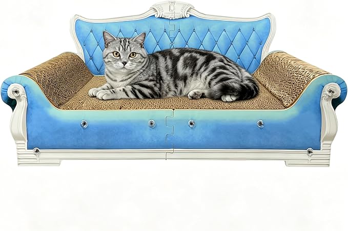 Luxury Cardboard Cat Scratcher Sofa Bed, Couch Shaped Scratching Board, Scratch Lounge with Catnip, Cat Scratcher for Indoor Cats Large Blue 25.4" L
