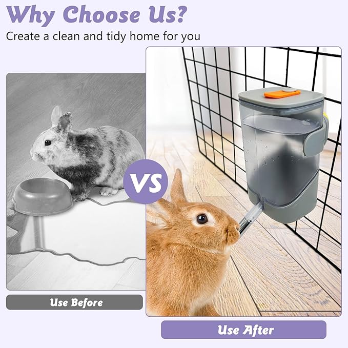 24oz Automatic Rabbit Water Dispenser for Cage Hanging Guinea Pig Water Bottle No Drip Bunny Water Feeder for Ferret Rat Hamster Chinchilla and Other Small Animals (Gray)