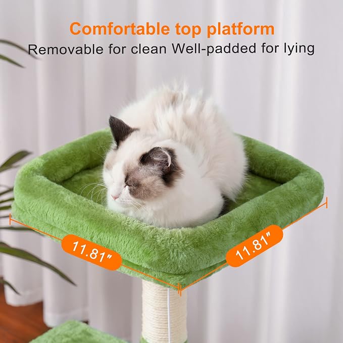 Heybly Cat Tree with Toy, 43.3 inch Cat Tower condo for Indoor Cats, Cat House with Padded Plush Perch, Cozy Hammock and Sisal Scratching Posts, Green HCT004SGR