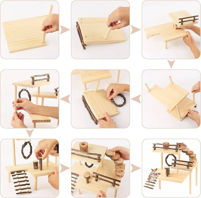 Hamster Climbing Toys 3-Tier Extra Large Hamster Playground Natural Wooden Small Animal Platform Toys Hamster Exercise Activity Climbing Platform with Bridge for Gift