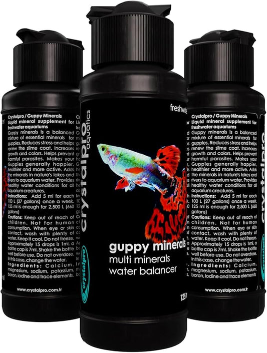Crystalpro Guppy Minerals 4.22 Oz - Mineral Additive for Guppies - Replenishes Protective Coat and Improves General Health Freshwater Aquarium Salt (125 ml) Treats 660 Gallons