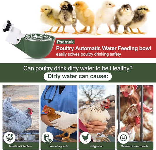 Chicken Waterer Cups (8 Pack/Green) - DIY Automatic Large Chicken Water Feeder for Ducks,Chicks, Turkeys, Quail, Bunny, Bird and Other Various Poultry Dispenser with Matching Drill