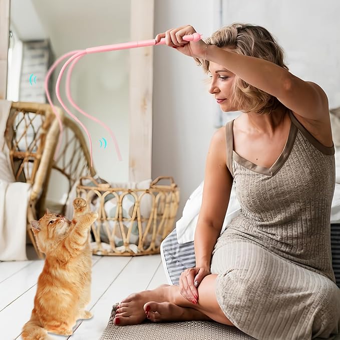 Andiker Mice Tail Cat Wand Toy, 30 inches Long Cat Teaser Stick with Innovative Silicone Rat Tail Easy to Install and Clean Soft Easy Swing Tail Interactive Cat Toys for Indoor Cats (Pink)