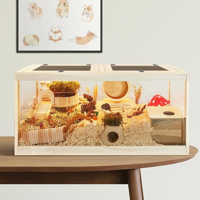 PROLEE Hamster Cage with Metal Mesh Top, Chewproof Wooden Guinea Pig Cages, Mice and Rat Habitat,Large Hamster Cages with Acrylic Sheets Solid Built (32X16X16 Inch)