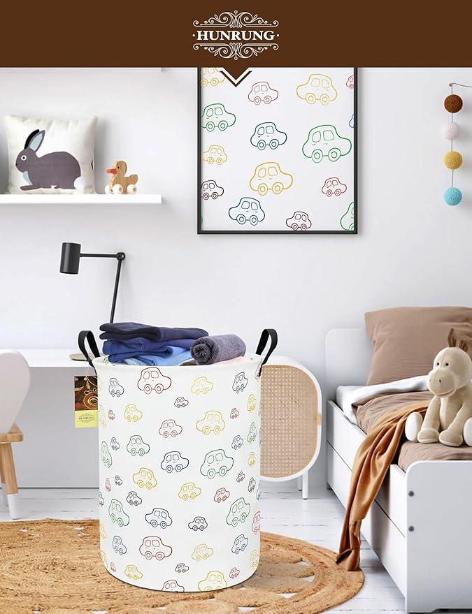 Collapsible Fabric Storage Basket, Waterproof Laundry Hamper with Handles, Round Storage Bin for Clothes Toys, Foldable Organizer for Bedroom Nursery Bathroom(Round-Colorful Car)