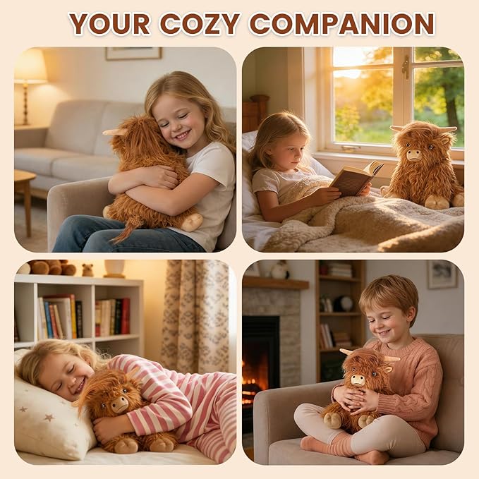 SuzziPals Heatable Coolable Weighted Highland Cow Stuffed Animals Plushie, Microwavable Heating Pad for Period Cramps & Pain, Lavender Scented Cow Plush Toys for Stress, Highland Cow Gifts for Women