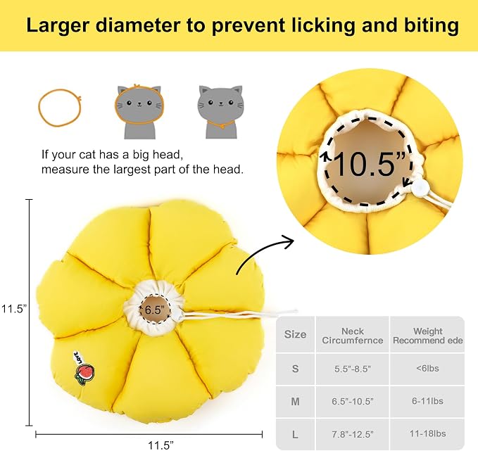 HiDREAM Cat Cone Collar,Cute Waterproof Elizabethan e Collar for Cats,Anti-Bite Lick Wound Healing Safety Cat Recovery Collar,Yellow Flower All-Season Style