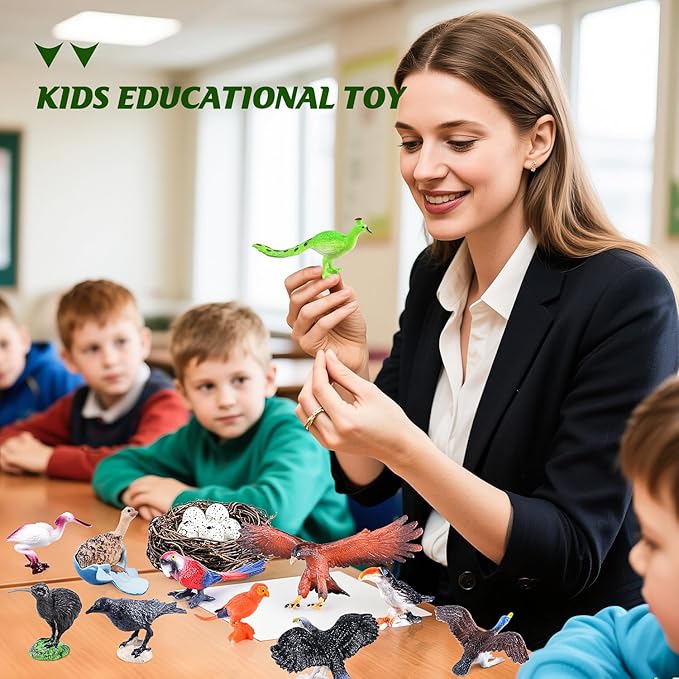 SIENON 23Pcs Realistic Birds Toy Playset, Assorted Wildlife Bird Figures with Nest, Raven, Kiwi, Ostrich, Macaw, Golden Eagle Hawk for Kids Educational Toy Birthday Décor Party Favor School Project