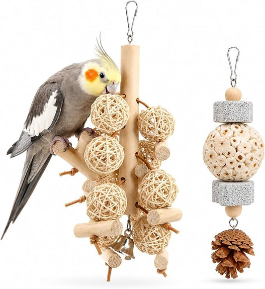 2-Pack Natural Bird Toy Set for Small to Medium Birds, Rattan Ball & Sola Hanging Toys with Pumice Stone, Enrichment Cage Accessories for Cockatiels, Budgies, Conures, Lovebirds