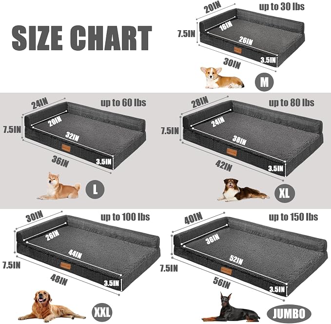 Patas Lague Orthopedic Jumbo Dog Bed for Extra Large Dogs 56''X40'', Waterproof L Bolster Jumbo Pet Sofa Beds with Removable Washable Cover, Soft Pet Couch Crate Mat with Nonskid Bottom, Dark Grey