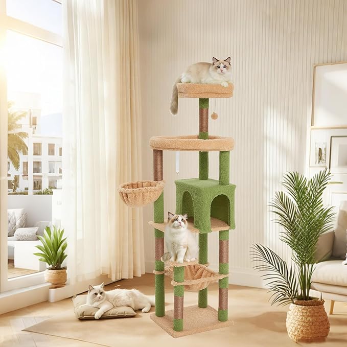 67-Inch Cat Tree with Bed, Hammock, Observation Deck, Plush Platform & Toy Ball for Indoor Cats (Green + Yellow)