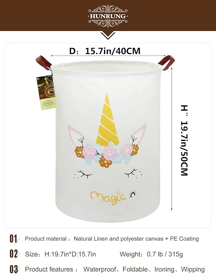 Collapsible Fabric Storage Basket, Waterproof Laundry Hamper with Handles, Round Storage Bin for Clothes Toys, Foldable Organizer for Bedroom Nursery Bathroom(Round-magic-unicorn)