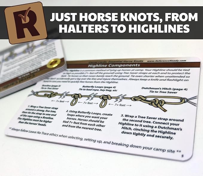 ReferenceReady Horse Knot Cards: Guide to 19 Pack and Trail Riding Knots | Guide to best training & trail horse riding knots. Accessory for barn essentials. Great for equine camps, equestrian gifts.