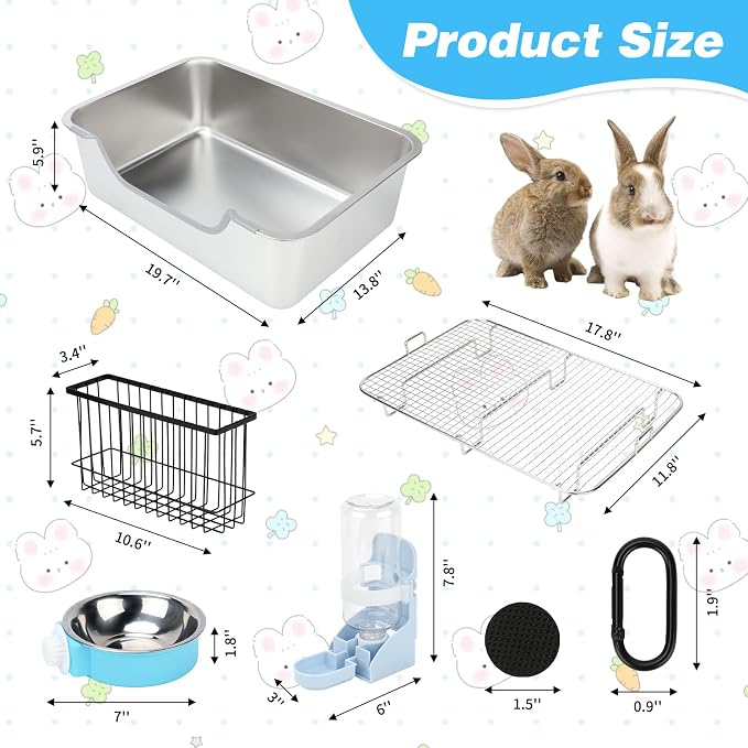 YUEPET 4-in-1 Large Rabbit Litter Box, Non-Slip Stainless Steel Litter Boxes with Sifting Grid & Hay Feeder Food Bowl, Easy Cleaning Bunny Litter Box with Odor Control for Rabbits Small Pets（L）
