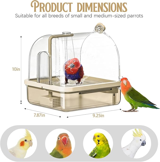 Automatic Bird Baths for Cage,Automatic Parakeet Bath with Pump, Filter,Indoor Bird Shower with Running Water,for Pet Birds Conure Budgies Cockatiels Lovebird and Budgies(Brown)