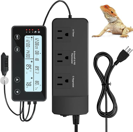 Reptile Temperature Controller with Timer, PID Reptile Digital Thermostat, 3-Channel Thermometer Hygrometer w/Memory, 2 IN 1 Day Night Temperature Humidity Gauge for Heat Lamp Bulb Humidifier