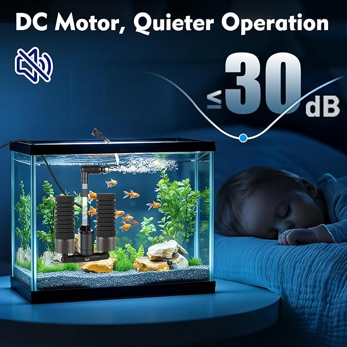 AQQA Electric Sponge Filter for Aquarium – Quiet USB Powered Breeding & Shrimp Filter with Bio Ceramic Media, Adjustable Air Intake & 360° Rotatable Outflow (110V Adapter Included) (M)
