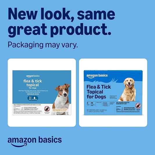 Amazon Basics Flea and Tick Topical Treatment for Medium Dogs (23-44 lbs), Fast Acting and Long Lasting, 3 Count, Packaging May Vary