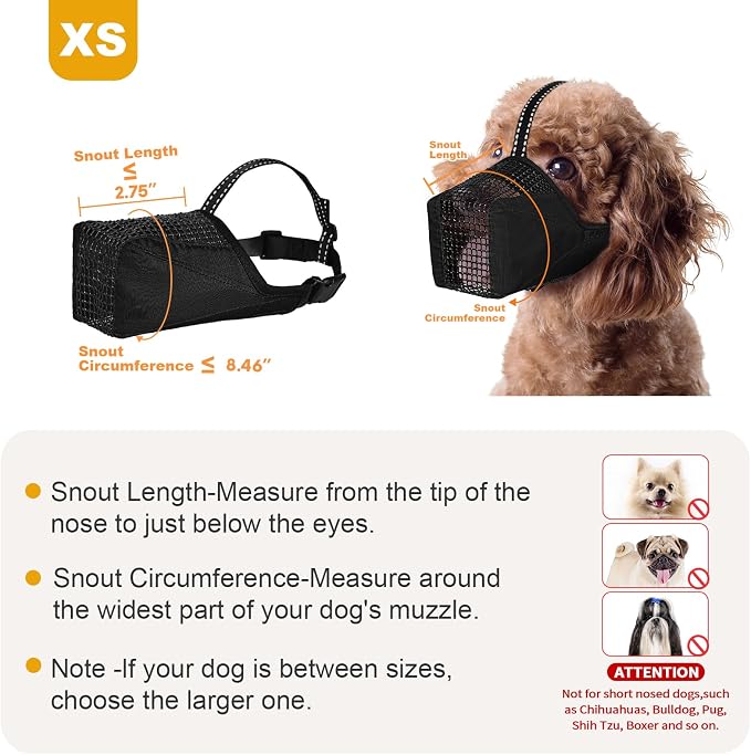 Mesh Dog Muzzle, Breathable Soft Dog Muzzle with Reflective Straps for Secure Fit, Prevents Biting, Chewing Scavenging – Adjustable for Small Medium Large Dogs,Black,XS