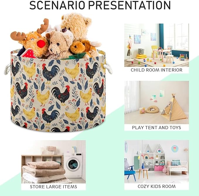 Chicken Rooster Print Round Storage Basket Hen Flower Large Laundry Hamper 20 x 20 x 14 Inches Organizer Bin with Cotton Rope Handles Clothes Storage Bag for Nursery Bedroom Living Room Decor