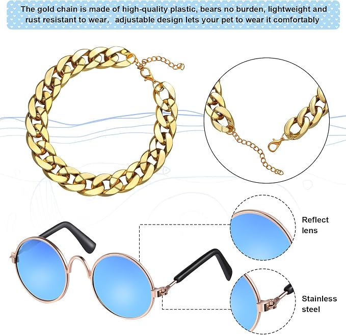Weewooday 7 Pcs Dog Sunglasses Cats Sunglasses with 2 Gold Chain Retro Round Metal Glasses Funny Cute Cosplay Costume for Small Pet(Fresh Colors,Delicate Style)