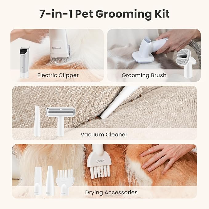 Pecute Dog Grooming Vacuum & Dryer, 7-in-1 Pet Grooming Kit with Clipper, 10000Pa Dog Vacuum for Shedding Grooming, Adjustable Speed & Temp, 55dB Low Noise,1.7L Dust Cup