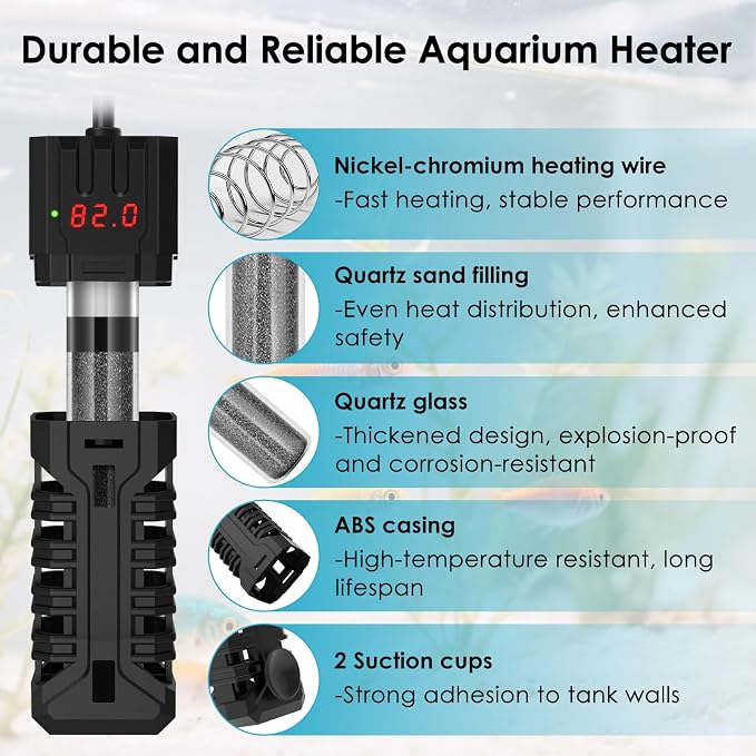 100W Aquarium Heater, Adjustable Fish Tank Heater, with Digital Display, Overheat Protection & Dry Run Protection, for 10-20 Gallon Water