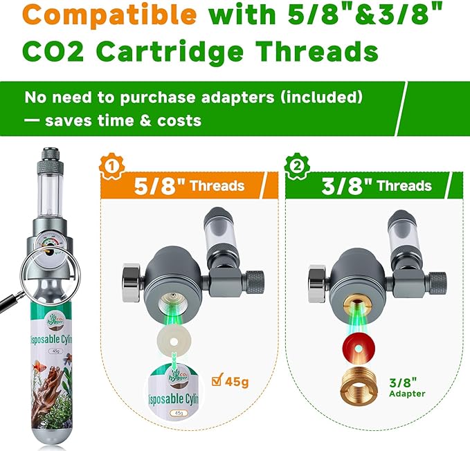 Complete Aquarium CO2 System, Desktop CO2 Regulator with 45g Disposable CO2 Cartridge, Compatible with 5/8" and 3/8" Threaded for Nano Aquariums