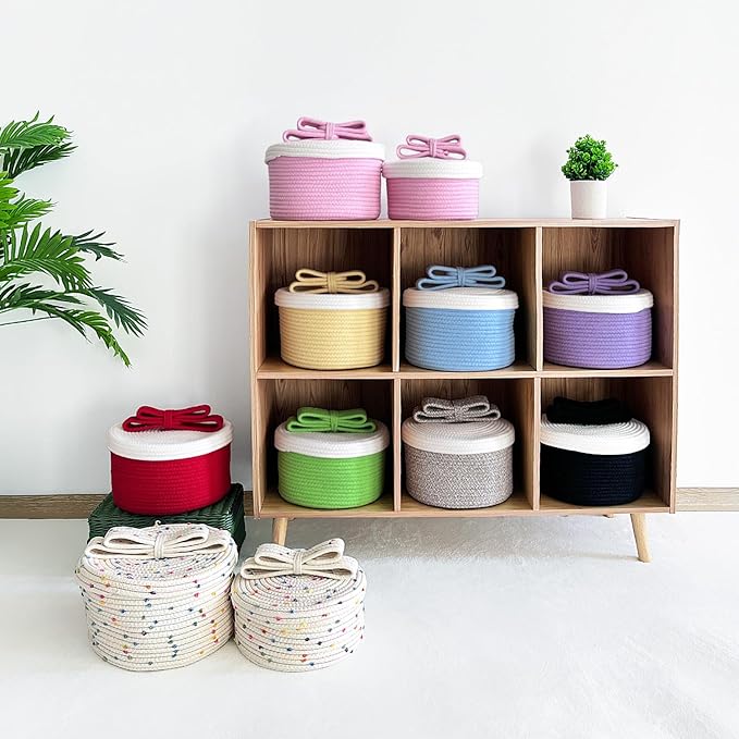 Cute Storage Baskets with Lids, Small Round Woven Rope Basket with Lid, Small Toy Box for Kids or Cat, Cute Basket for Gift, Decorative Basket with Chic Bow Handle, Pink