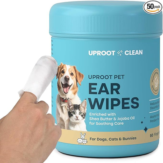 Uproot Clean Cat & Dog Ear Cleaner Finger Wipes (50ct.): Disposable Dog Ear Wipes Enriched with Shea Butter & Jojoba Oil - Cleaner Removing Wax Build Up, Help with Odor Discomfort
