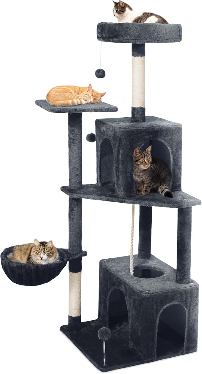 54-Inch Cat Tree Tower with 2 Caves & 2 Pompoms - Multi-Level Tower for Indoor Cats, Soft Plush Condo with Scratching Posts - Sturdy Base for Large Cats(Dark Gray)