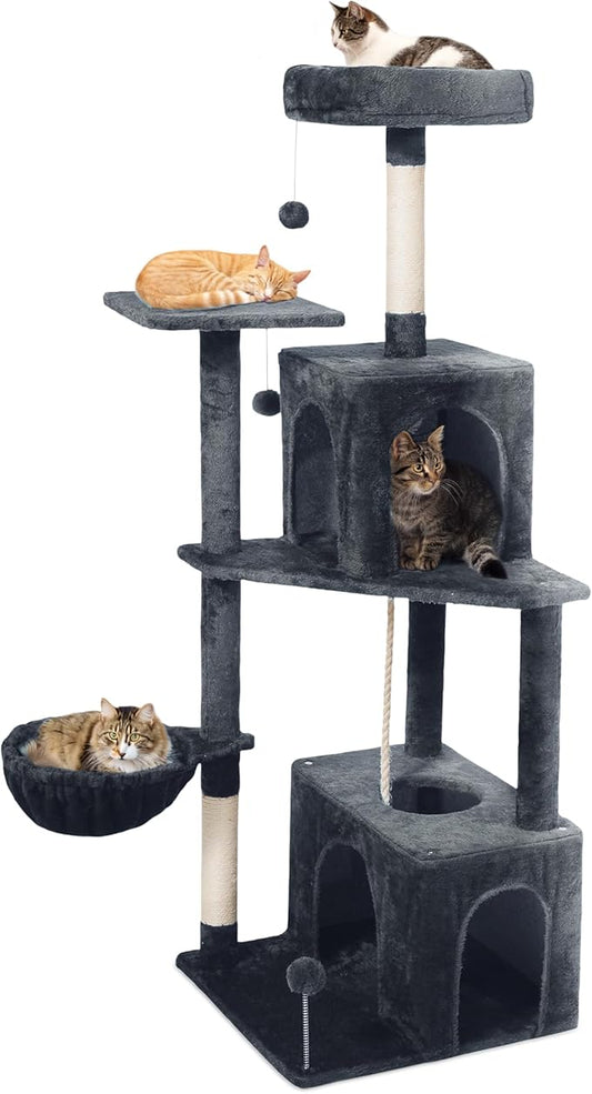 54-Inch Cat Tree Tower with 2 Caves & 2 Pompoms - Multi-Level Tower for Indoor Cats, Soft Plush Condo with Scratching Posts - Sturdy Base for Large Cats(Dark Gray)