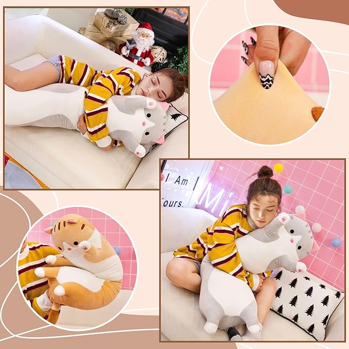 Cute Cat Plush Long Body Pillow – Soft Cartoon Stuffed Animal Doll, Kawaii Cat Plushie Cuddle Toy for Kids, Girls & Girlfriend (Brown, 51.1 Inch)