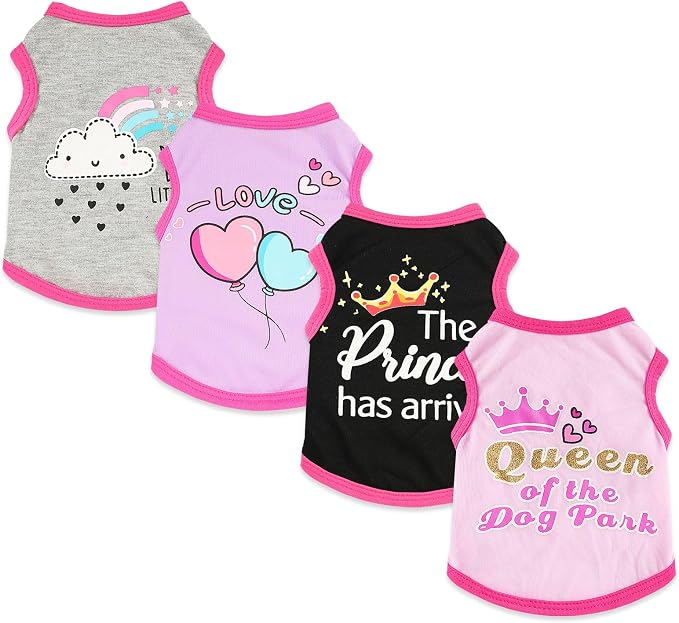 4 Pack Dog Shirts for Small Dogs Spring Summer Printed Puppy Clothes Cute Pet T Shirts Dog Clothes for Small Dogs Cats Girl (Grey+Pink+Purple,Black, XS)