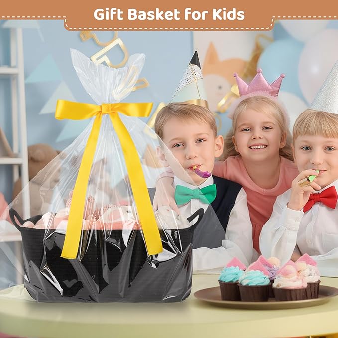 OIASKET Large Empty Gift Baskets for Baby Shower, 16.5" L x 12.6" W x 7" H Cute Woven Storage Basket with Gift Bags and Ribbons, Small Rope Toy Basket with Handles, Cat Dog Pet Toy Organizer - Black