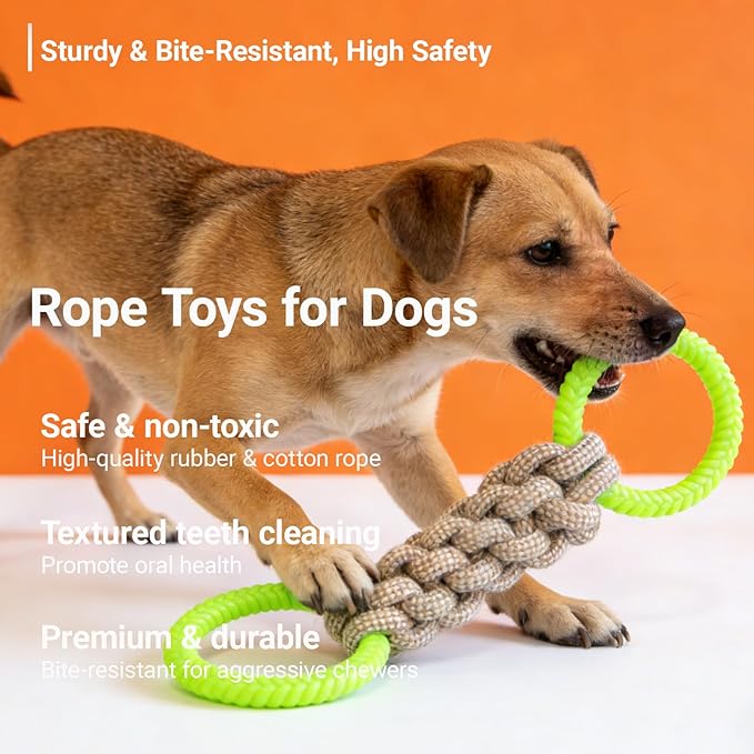 Tug of War Dog Toy - Rubber & Cotton Rope Toys for Dogs, Large Double Ring Dog Tug Toy, Interactive Dog Toys for Small Medium Large Dogs