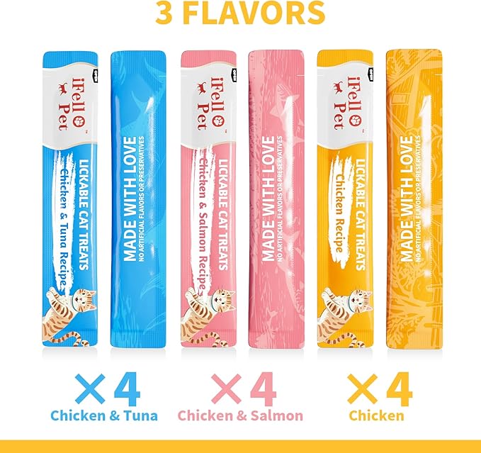 High-Meat Lickable Cat Treats Variety Pack - Real Chicken & Seafood - Smooth Creamy Puree - Grain-Free - 15g Each/12 Tubes x 3 Packs (36 Tubes in Total)