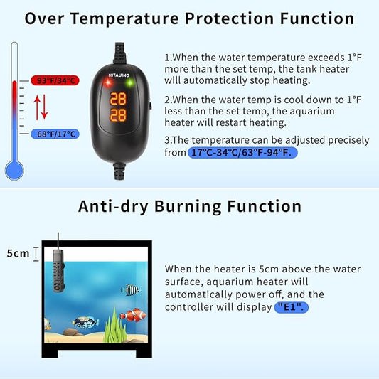 HiTauing Aquarium Heater, 50W/100W/200W/300W/500W Submersible Fish Tank Heater with Over-Temperature Protection and Automatic Power-Off When Leaving Water for Saltwater and Freshwater