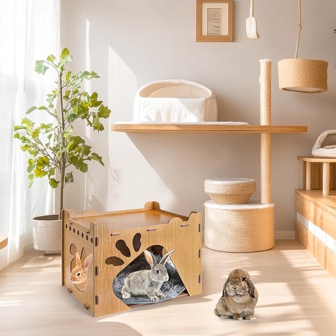 Yesland Rabbit Hideout Castle, Large Wooden Bunny Houses and Hideouts with Pet Pad, Detachable Small Animal Play Hideaway Hut and Playhouse for Indoor Bunnies Guinea Pig Hamster Chinchilla Gerbi