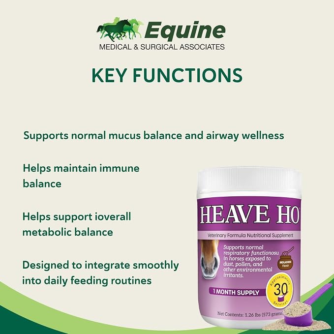 HEAVE HO Equine Respiratory Support Supplement for Horses, Nutritional Airway & Immune Support, Herbal Blend with Vitamins & Minerals, Molasses Flavor, 30 Servings