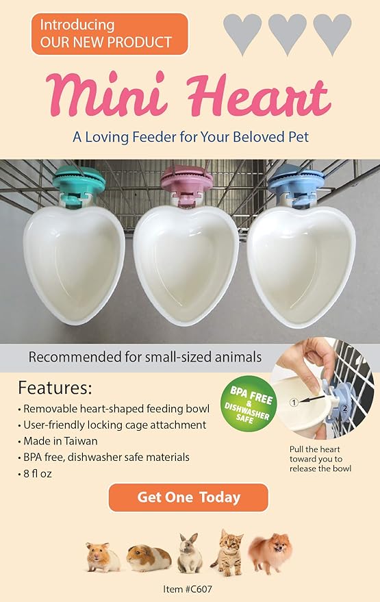 Choco Nose Patented Removable Heart Shaped Food Bowl for Dogs/Puppies/Rabbits/Cats/Guinea Pigs/Chinchillas/Birds -Water Dish for Small Pets or Animals - for Wire Cages or Crates 8 oz, Blue (C607)