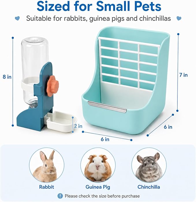 HERCOCCI PET Feeder and Water Bottle Set, Large Blue (500ml), Durable Hay Food Bin Feeder, Food Bowl, Gravity-Fed Water Dispenser for Rabbit, Guinea Pig, Chinchilla