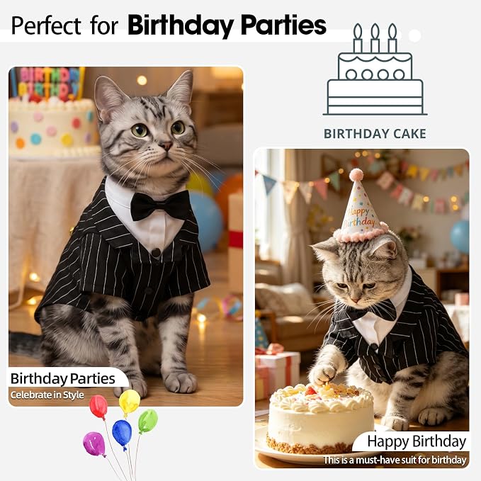 QBLEEV Cat Tuxedo Outfit with Bow Tie, Sphynx Cat Costume Formal Suit Wear | Soft breathable, stylish hairless clothes for cats only, kitten wedding birthday party shirt apparel for male boy