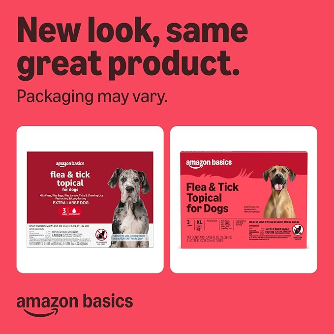 Amazon Basics Flea and Tick Topical Treatment and Prevention for Extra Large Dogs (89-132 lbs), Fast Acting and Long Lasting, 3 Count, Packaging May Vary