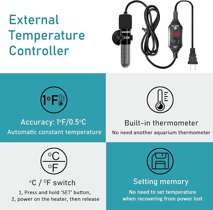 Mini Submersible Aquarium Heater,200 Watts Adjustable Fish Tank Heater, Built-in Thermometer, External Temperature Controller, Smart Memory, Used for 1-60 Gallons (200 Watts)