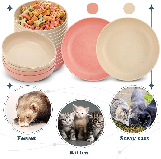 Tioncy 24 Pcs Cat Food Bowl 5.5'' Fatigue Relief Shallow Cat Food Dish Wide and Small Pet Wet Plate Wide Stray Wet Feeding Bowl for Ferrets Feral Short Legged Kitten, Wheat Straw(Pink, Beige,Classic)